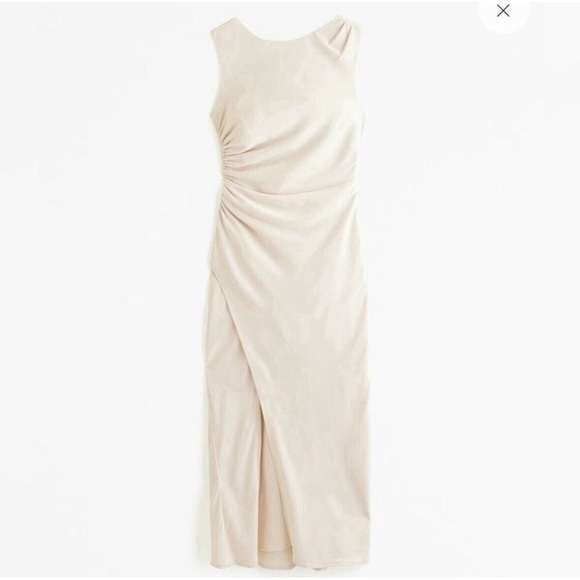 NWT Abercrombie & Fitch Shell Cream Backless Draped Ruched Slit Dress - Picture 11 of 12